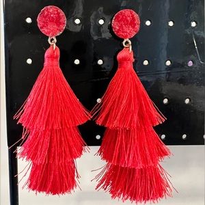 Statement earrings, red and gold, matches HOC Geranium, warm red.